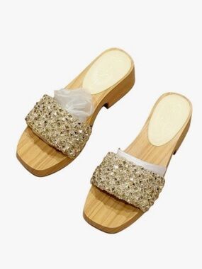 NWT/ In Box Jessica Simpson Gold Crystal Embellished Slide Mules